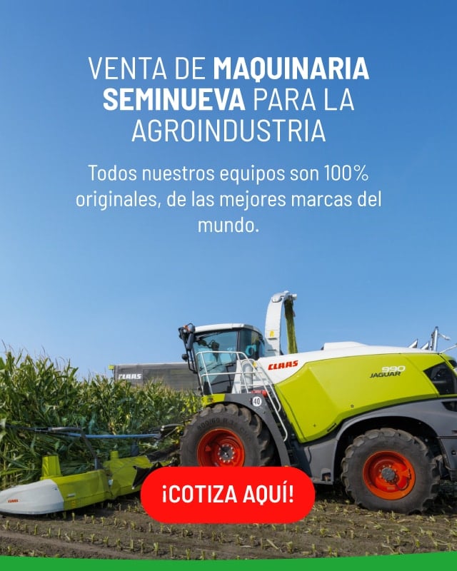 banner de promoción: Vena de maquinaria seminueva para la agroindustria - Equipo de CLAAS trabajando un campo